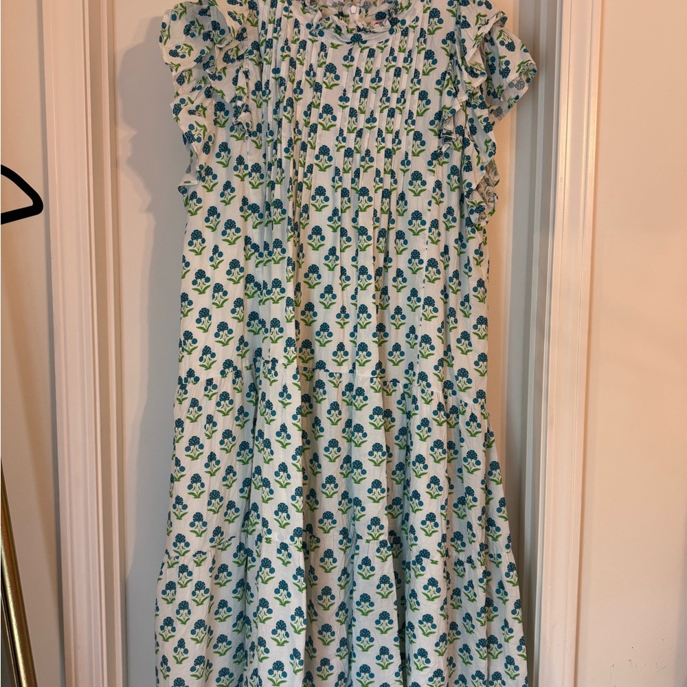 Victoria Dunn Floral Ruffle Neck Dress in Blue and Green